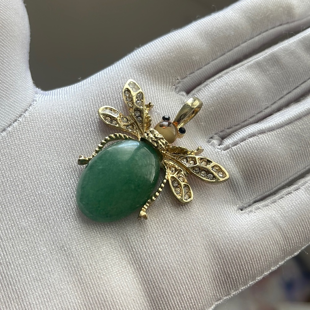Vintage Gold Bee pendant rhinestones green jade 2.5” long Kirk’s Folly